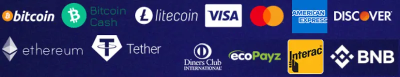 Deposit with Bitcoin, litecoin, all Cards, interac, ecopayz, bnb, ethereum and tether